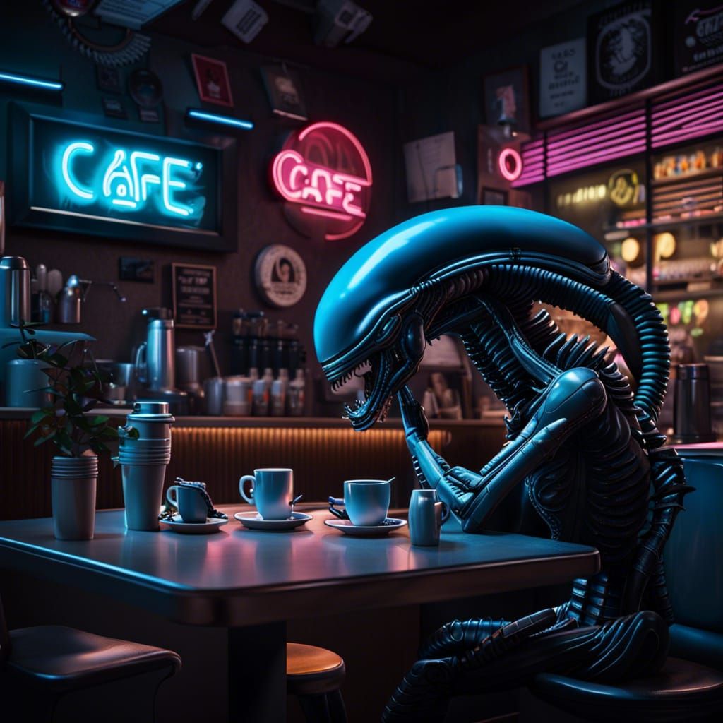 Xenomorphs Enjoying Coffee at a Space Cafe