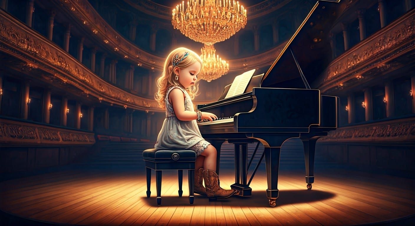 Enchanting Girl Plays Piano in Mystical Concert Hall