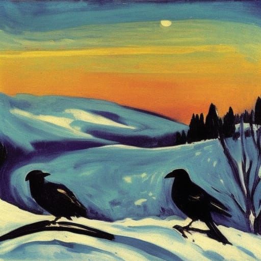 Crows in Winter Snow, Expressionist Painting