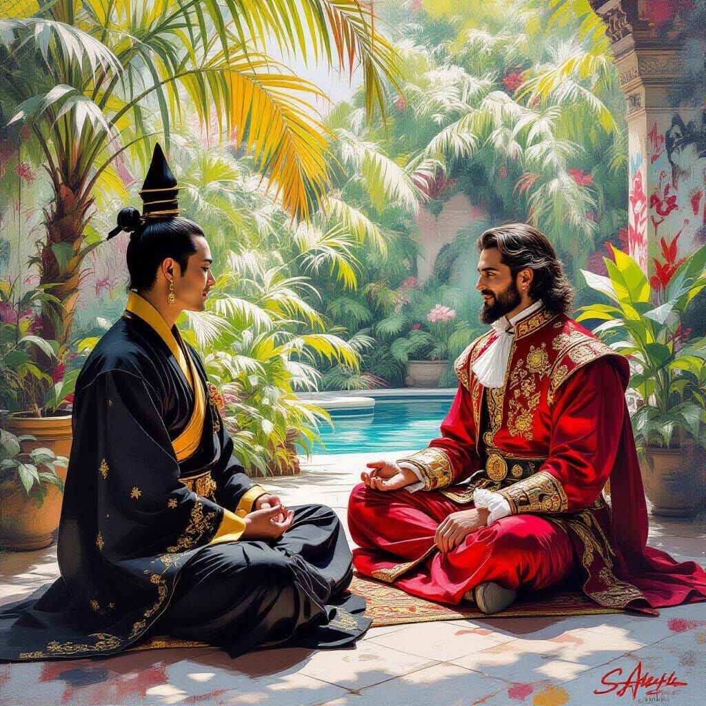 Meditating Thai Man and Italian Gentleman in Street Art Styl...