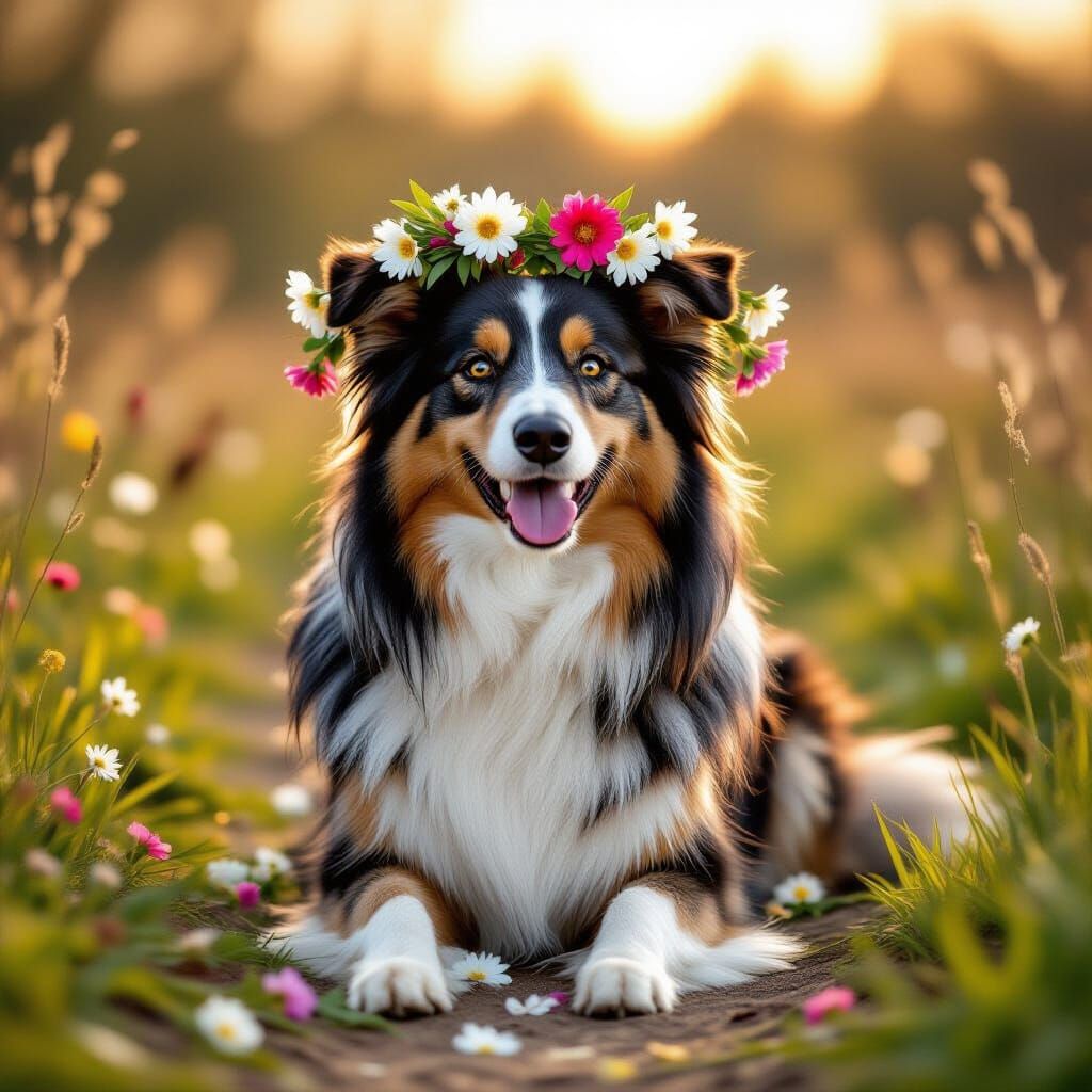 Anthro Rough Collie with Spring Flowers in Golden Hour