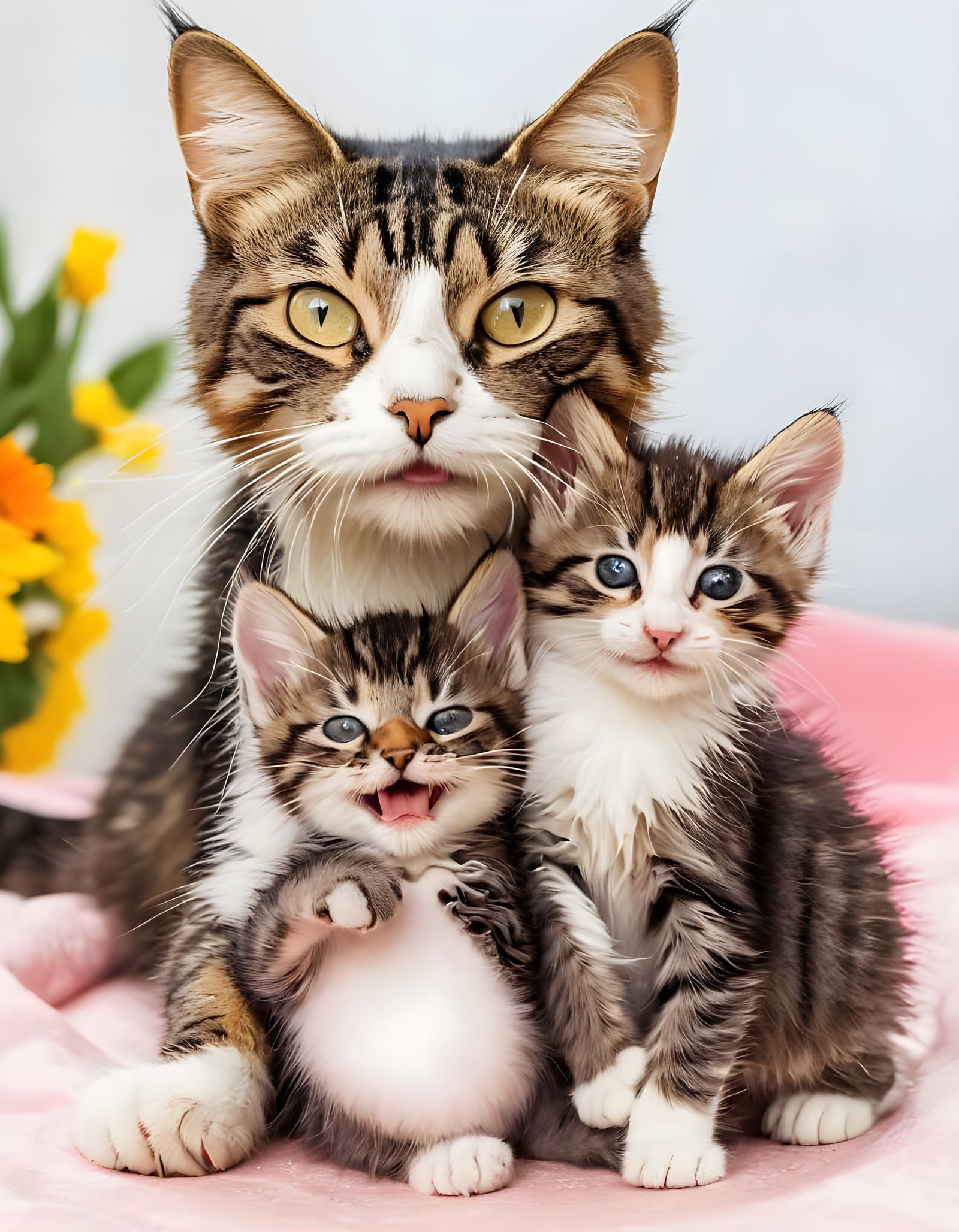 Mother Cat with Kitten Family in Joyful Scene