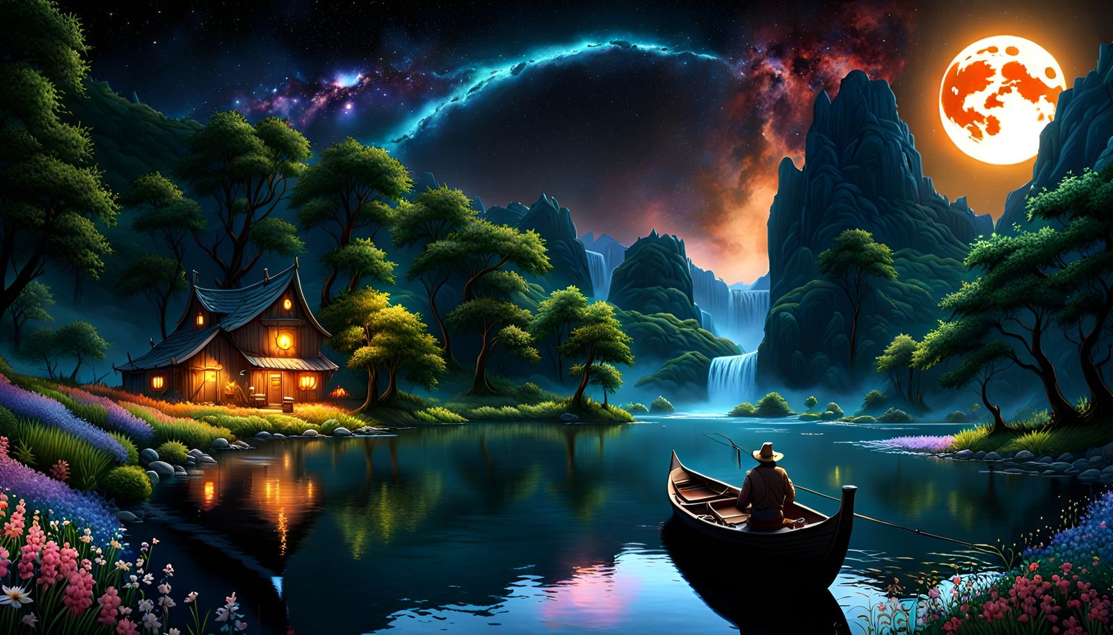 Mountain River Fisherman Under Starry Galaxy Arch