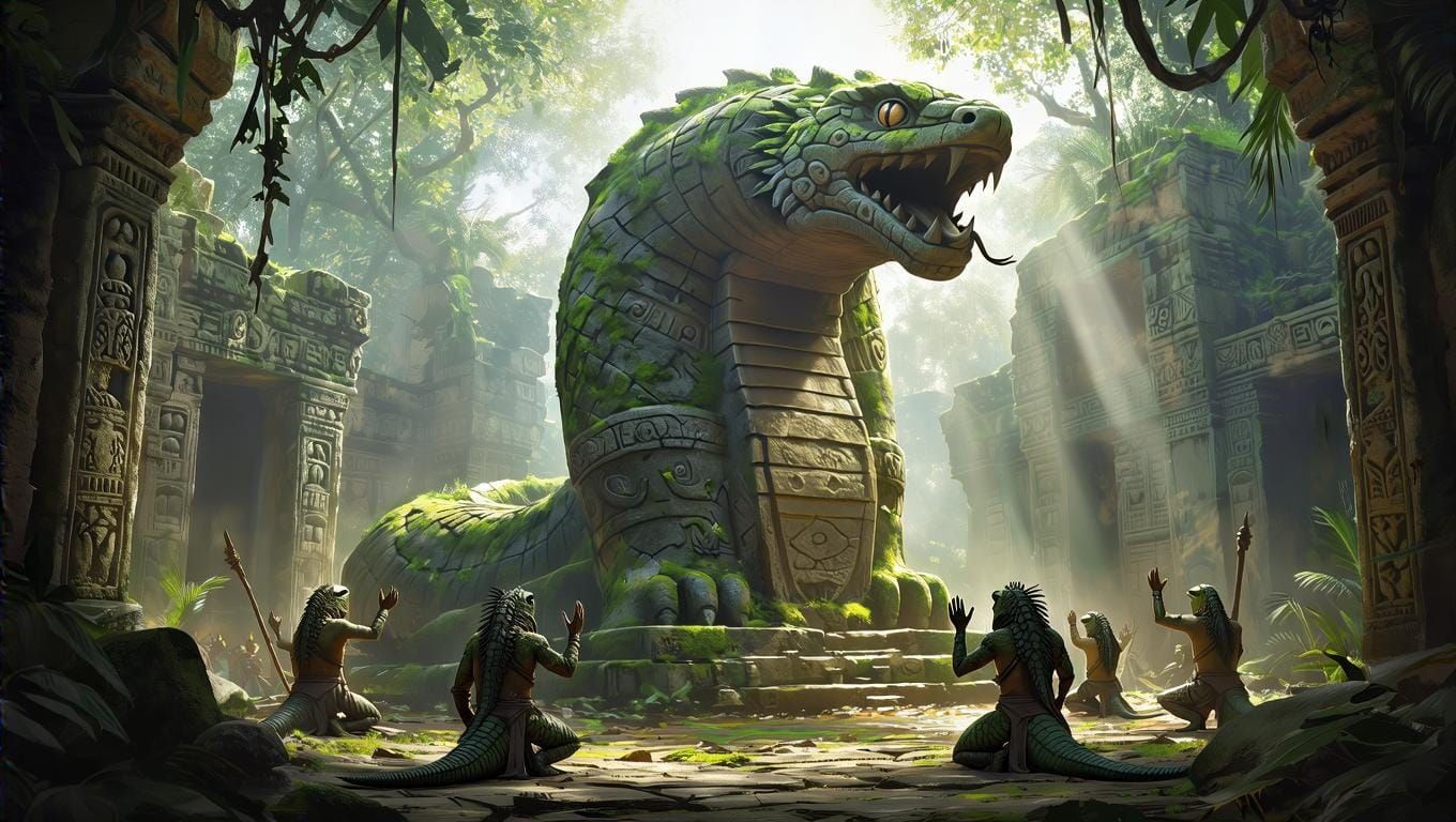 Lizardmen Worshiping Serpent Idol in Jungle Ruins