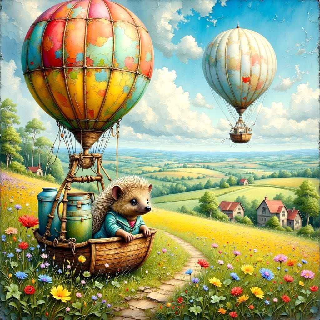 Hedgehog in Hot Air Balloon: Impasto Mixed Media