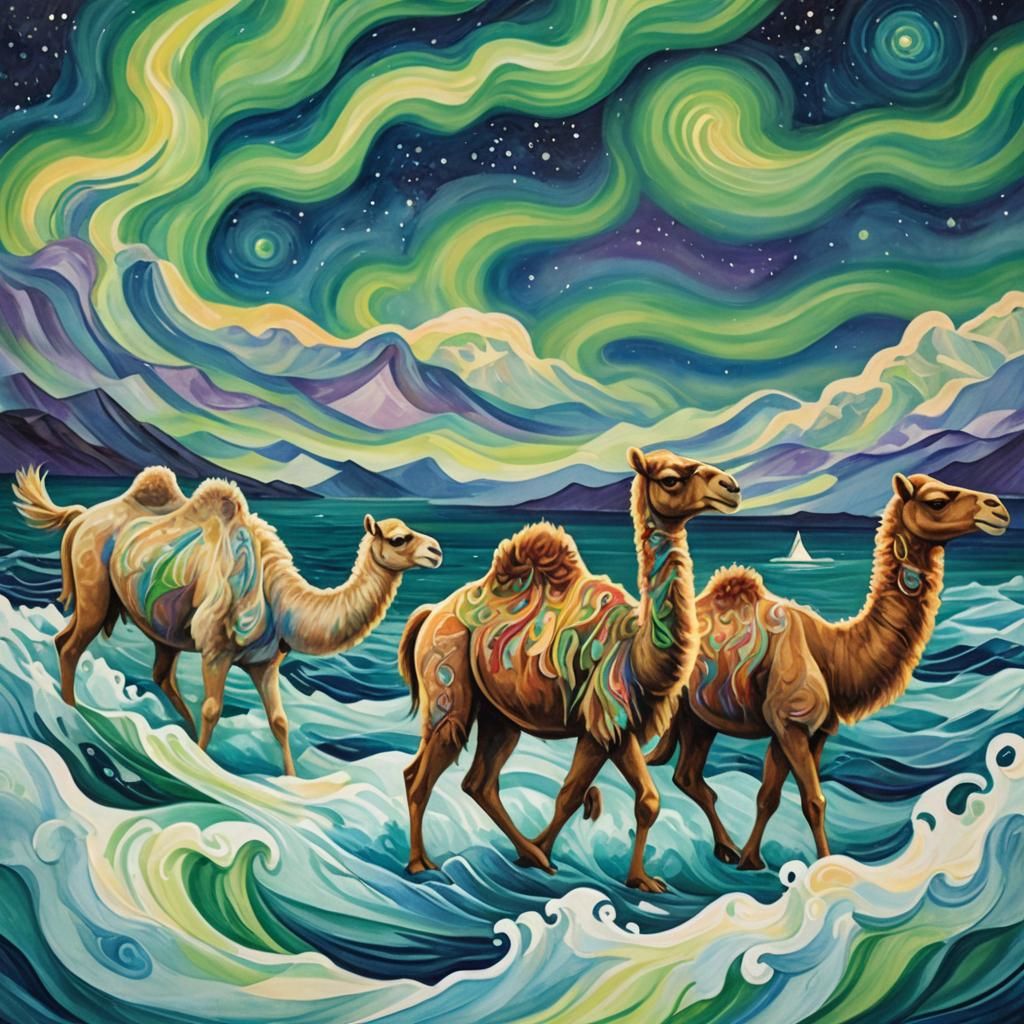 Arctic Camel and Llama Dreamtime Crossing as Impressionist P...