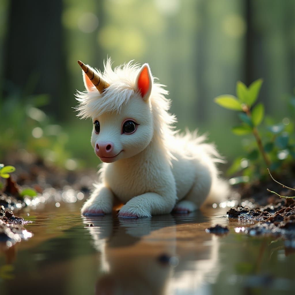 Baby Unicorn Bathes in Forest Puddle Reflection