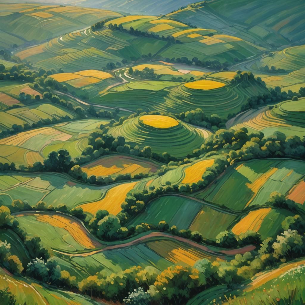 Verdant Terraced Fields: Luminous Impressionist Landscape