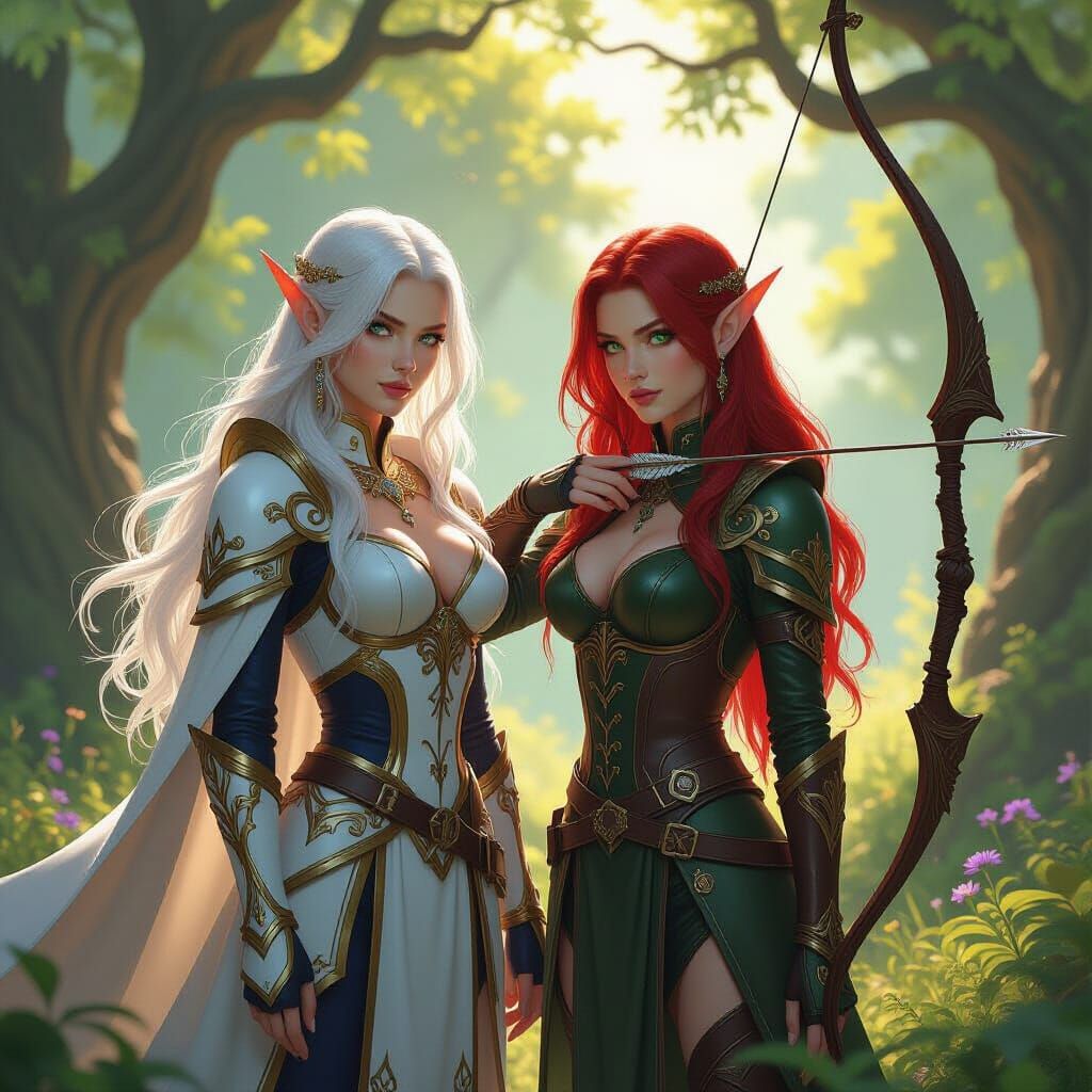 Elven Sisters in Mystical Forest: Dark Fantasy Scene