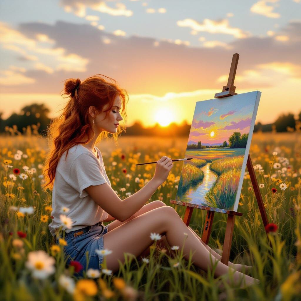 Impressionistic Redhead Painting in Wildflower Field