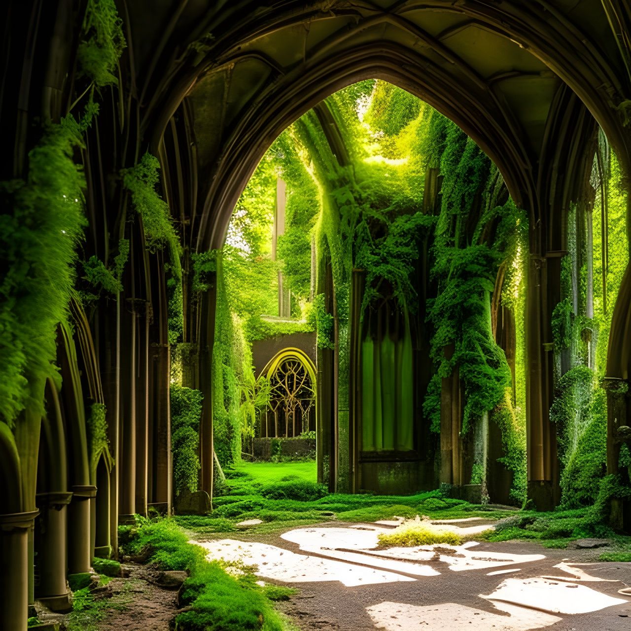 Overgrown Cathedral Ruins Bathed in Golden Light