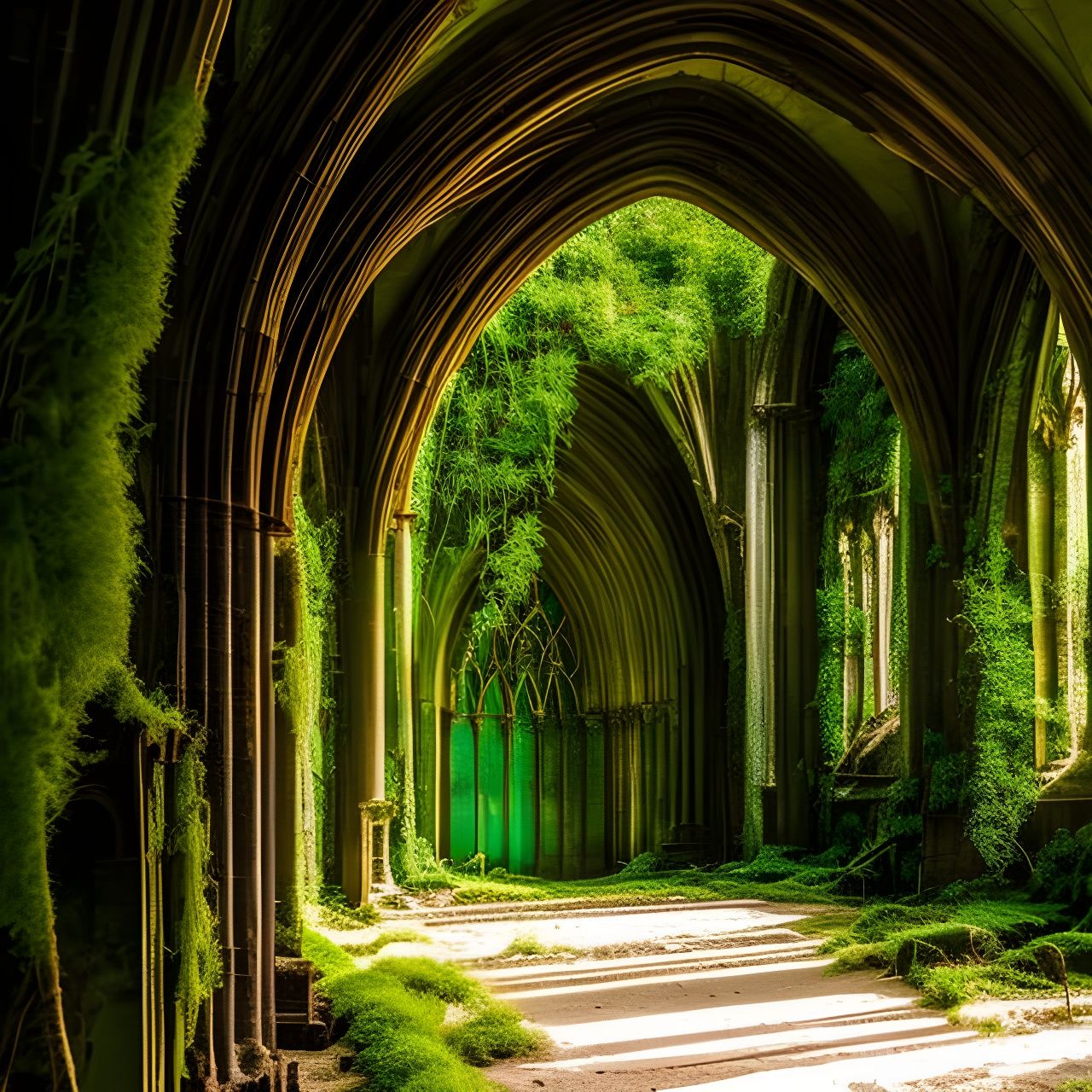 Overgrown Cathedral Interior with Golden Light