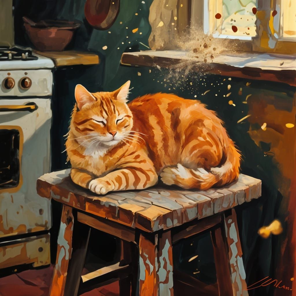 Cat Resting and Ready to Eat in Expressive Style