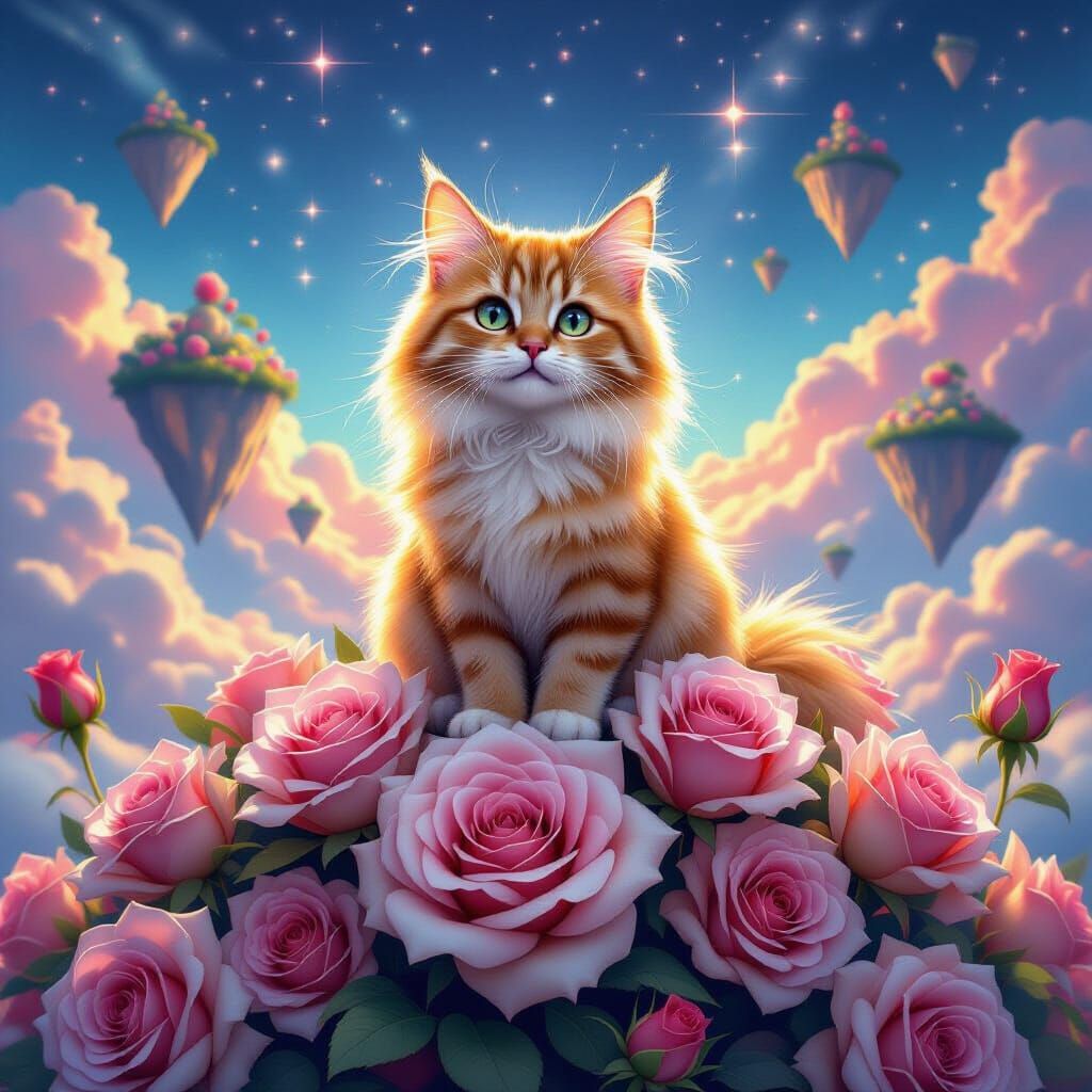 Fluffy Ginger Cat Among Glowing Roses in Surreal Dreamscape