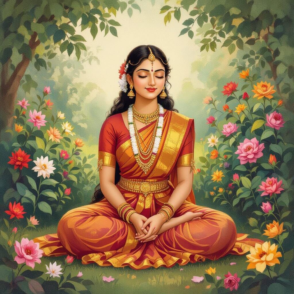 Devi Rukmini in a Serene Garden, Classical Indian Art