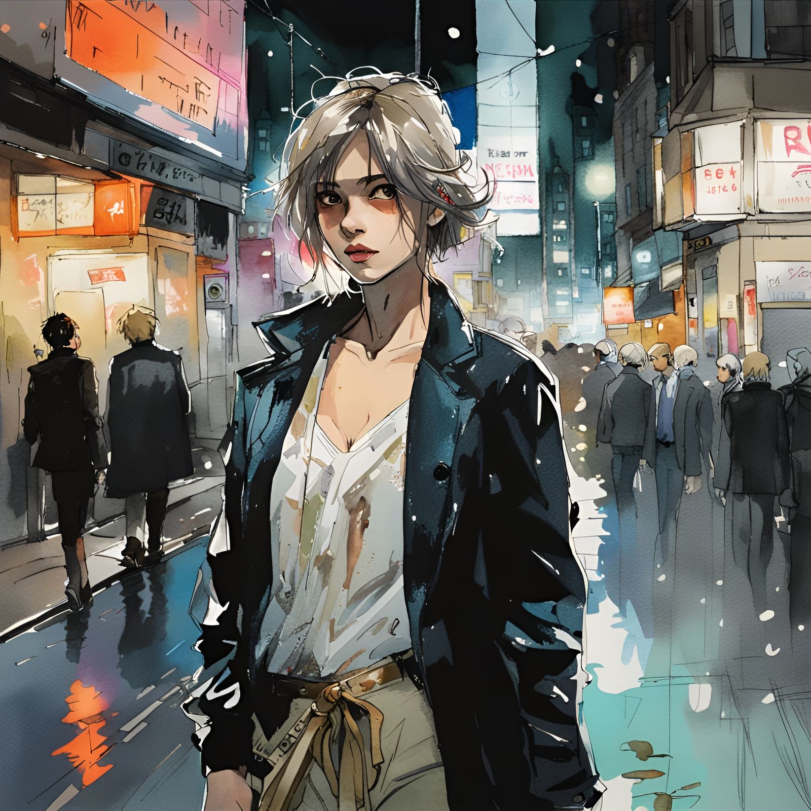 Stylish Woman in London: Watercolor Manhwa Portrait