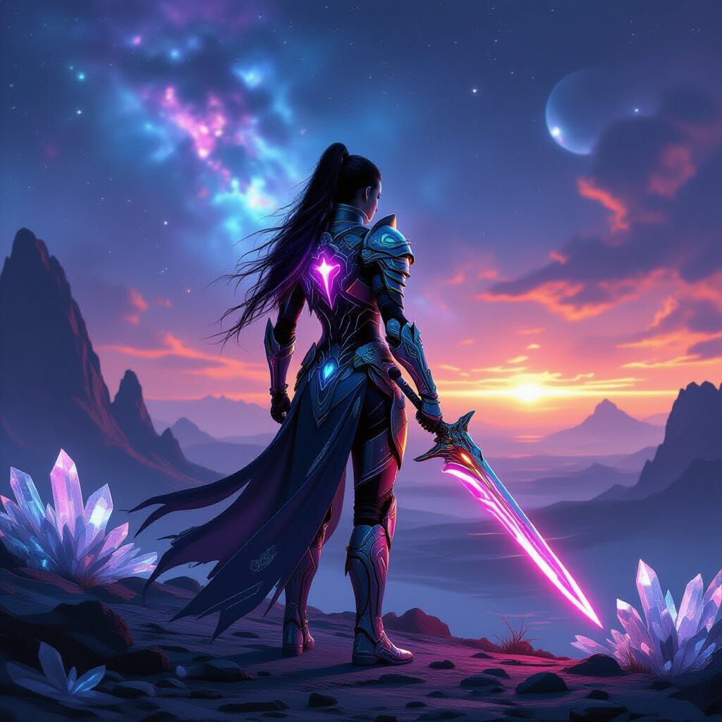 Cybernetic Warrior on Alien Planet Overlooking Nebula