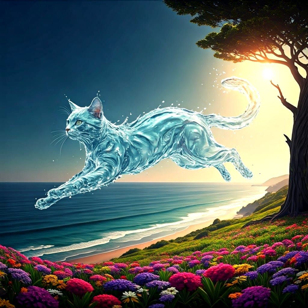 Realistic Water Cat Runs Over Vibrant Beach Landscape