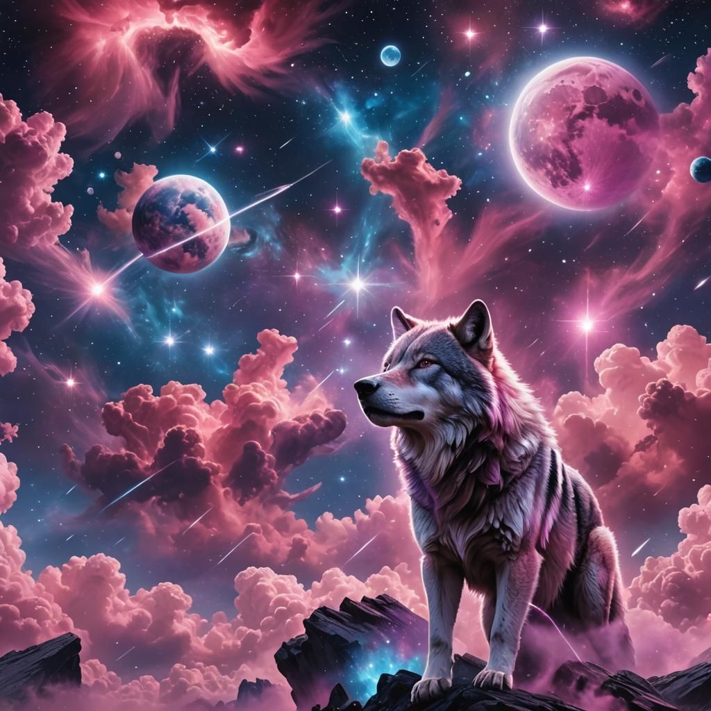 Celestial Wolf Amidst Pink and Purple Galaxies