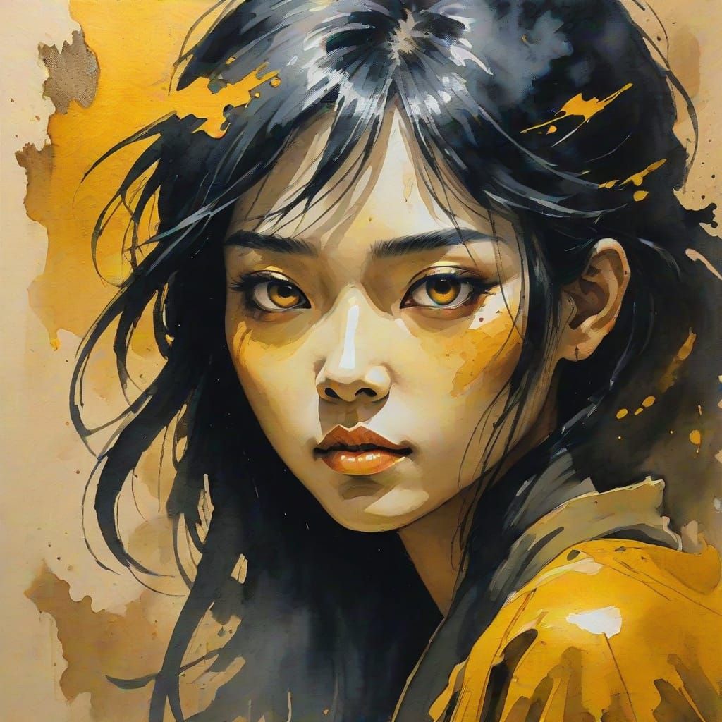 Epic Ink Painting of a Young Girl Confronting an Ancient Evi...