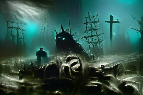 Sinister Shipwreck Undersea in Gothic Film Noir
