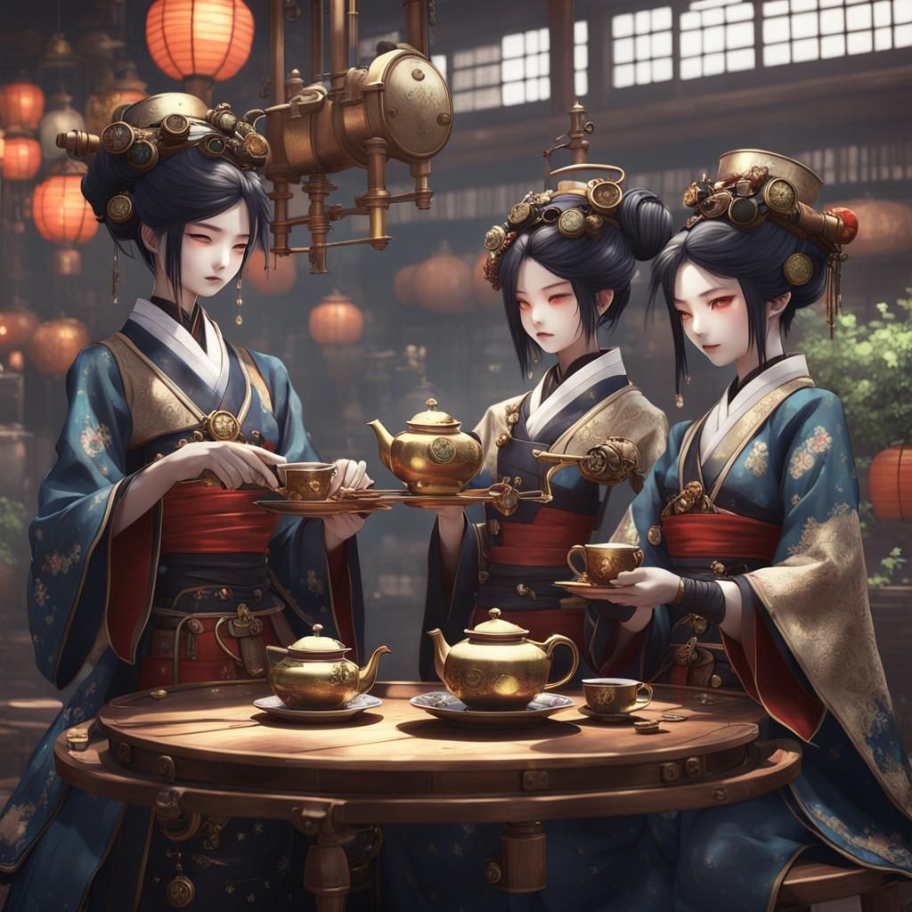 Steampunk Geishas Pouring Tea: 3D Anime Art