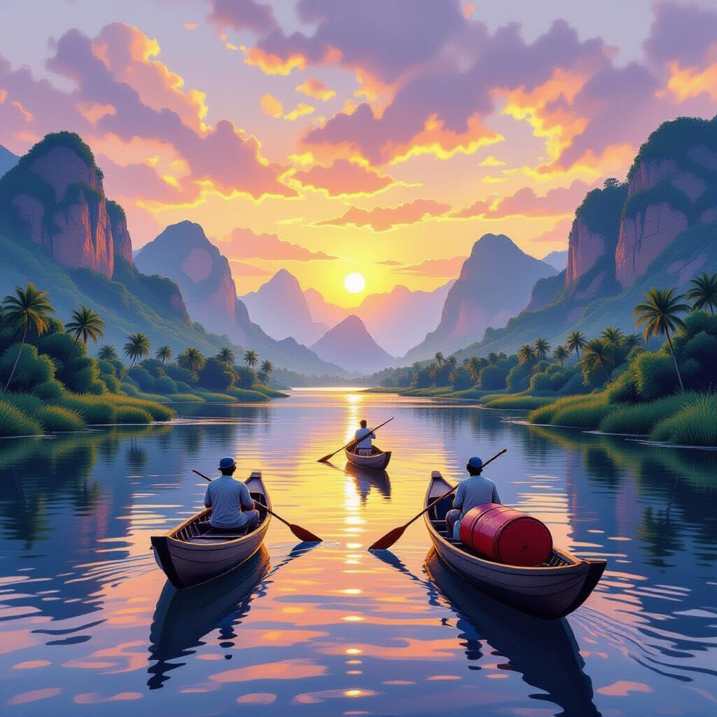 Serene Niger River Sunset in Realistic Watercolor Style