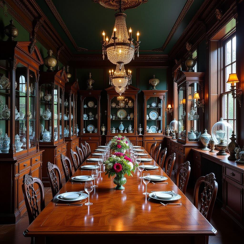 Victorian Dining Room with Curiosities in Dark Fantasy Style