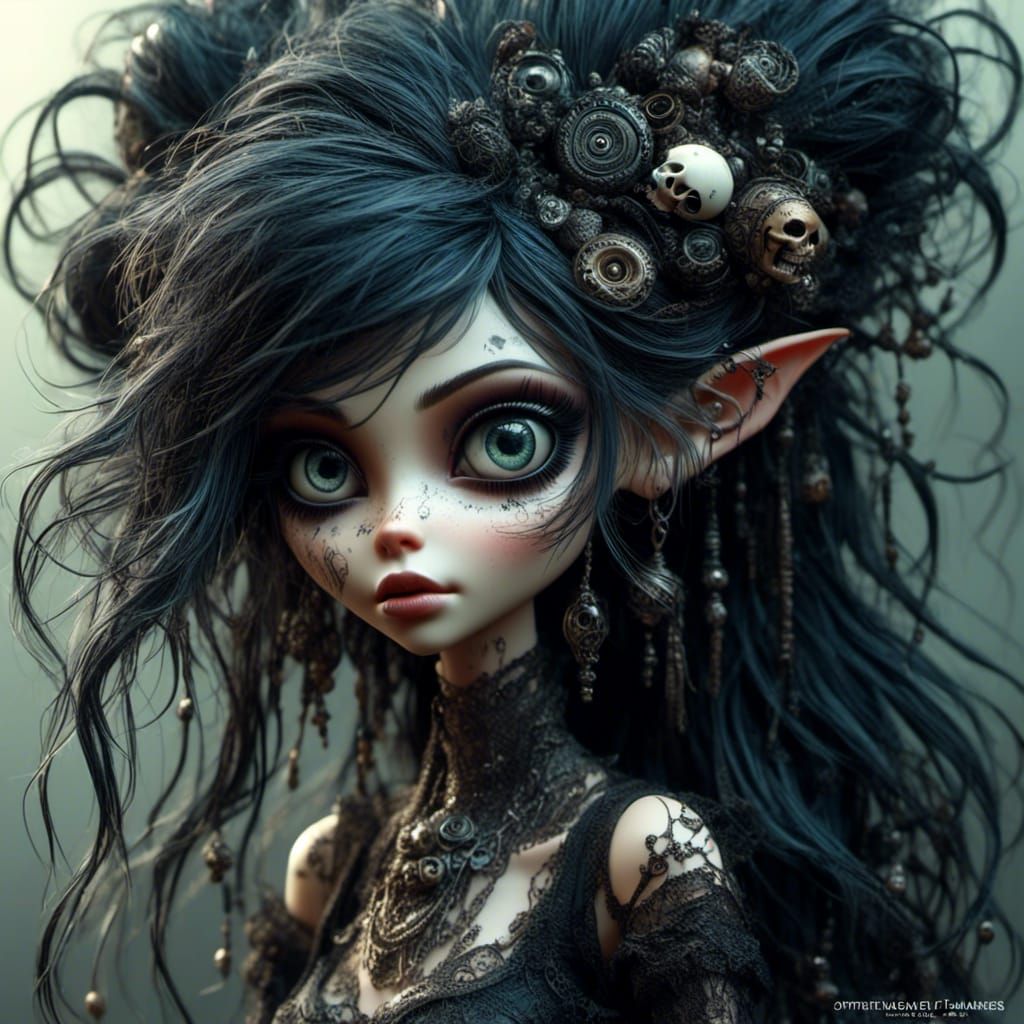 Eerie Goth Anime Girl with Skulls and Dark Ornaments