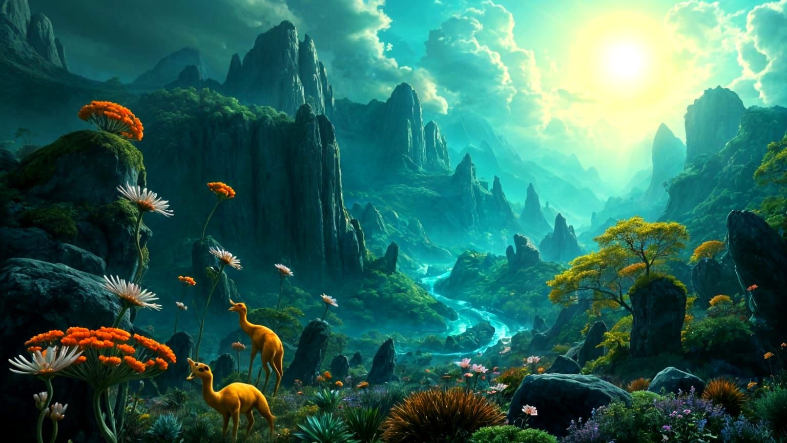 Epic Bioluminescent Realm with Chimerical Beasts