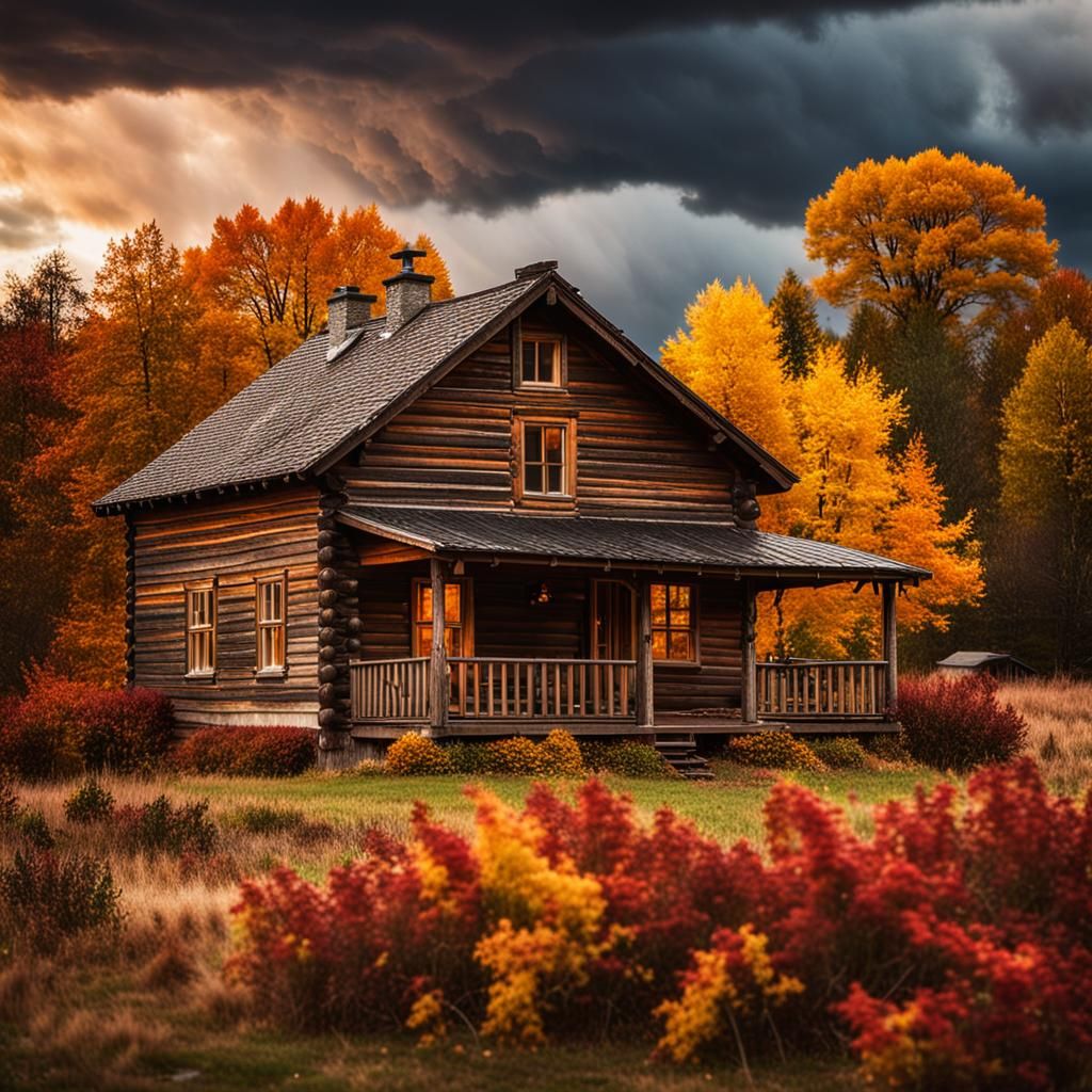 Autumnal Storm Clouds Over Rustic Wooden House