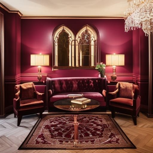 Burgundy gothic penthouse with burgundy walls with rose gold frames and rose gold accent& burgundy gothic furniture& ros...