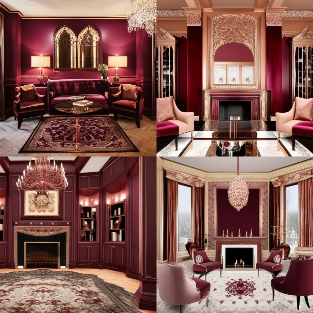 Burgundy gothic penthouse with burgundy walls with rose gold frames and rose gold accent& burgundy gothic furniture& ros...
