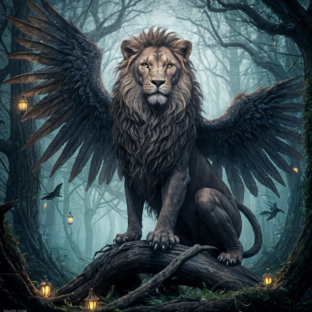 Lamassu in Mystical Forest, Dark Fantasy Art