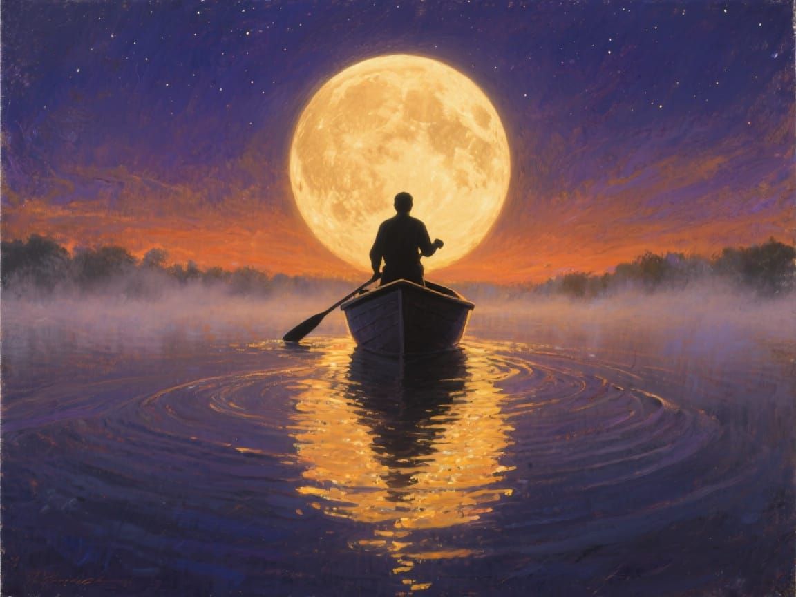 Dramatic Moonlit Boat: An Oil Painting