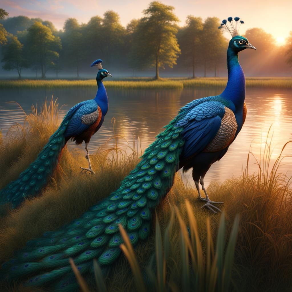 Peacocks in Tall Grass: A Fantasy Concept Art