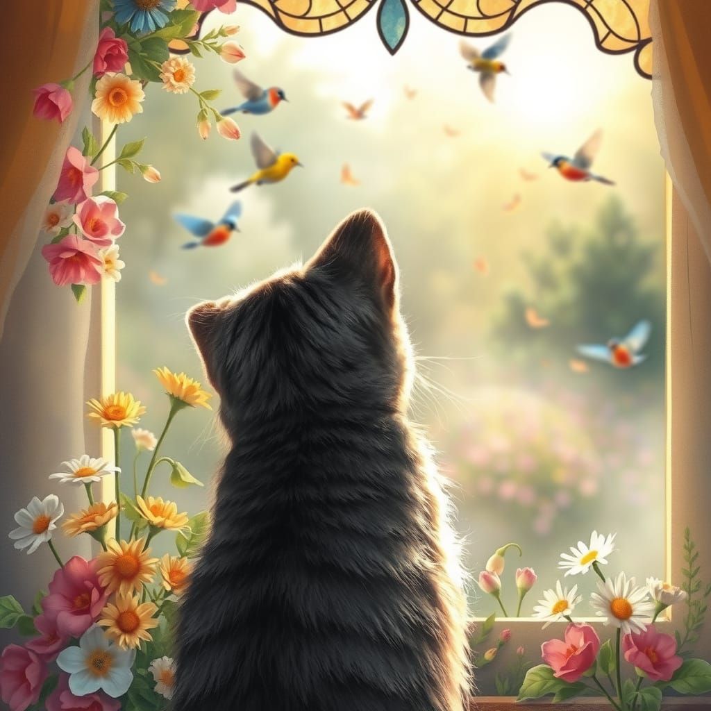 Gray Tabby Kitten Contemplates Birds in Vibrant Spring Garde...