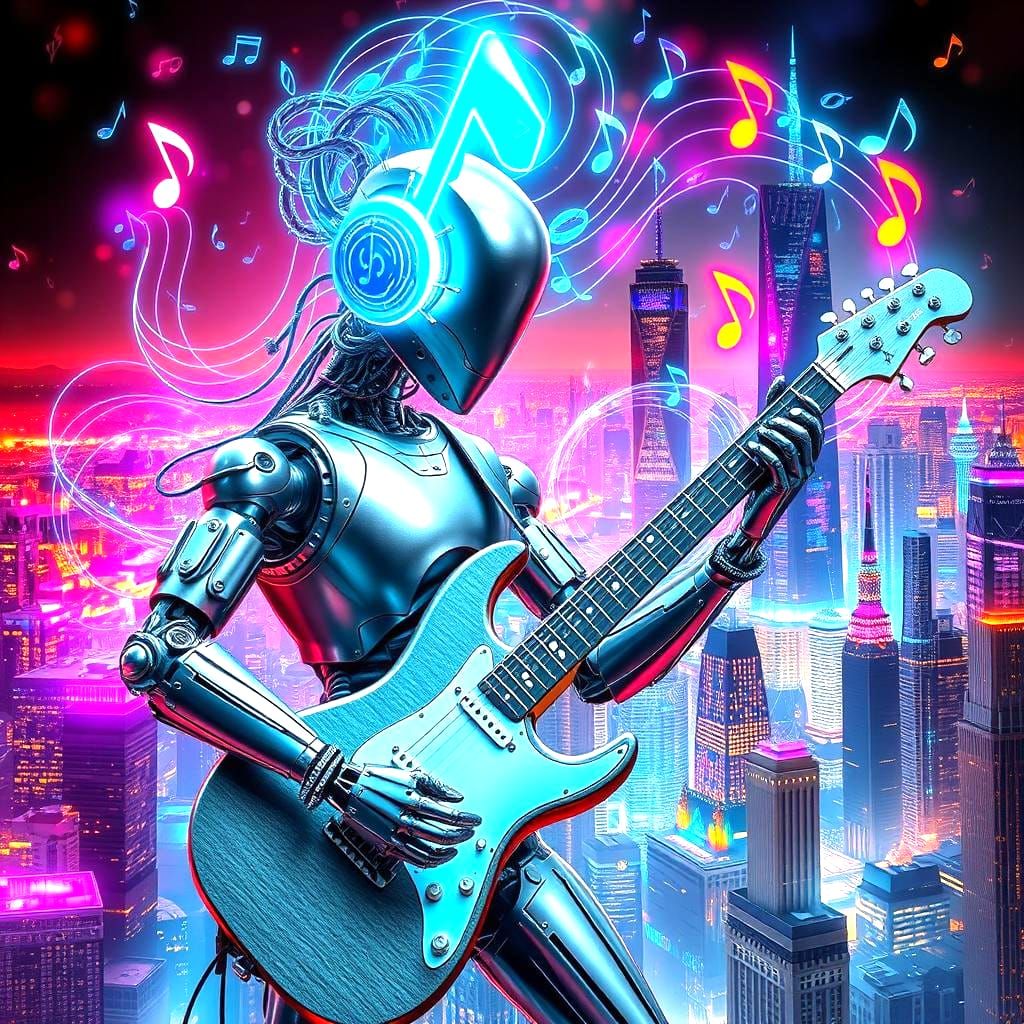 Biopunk Robot Plays Guitar in Musical City