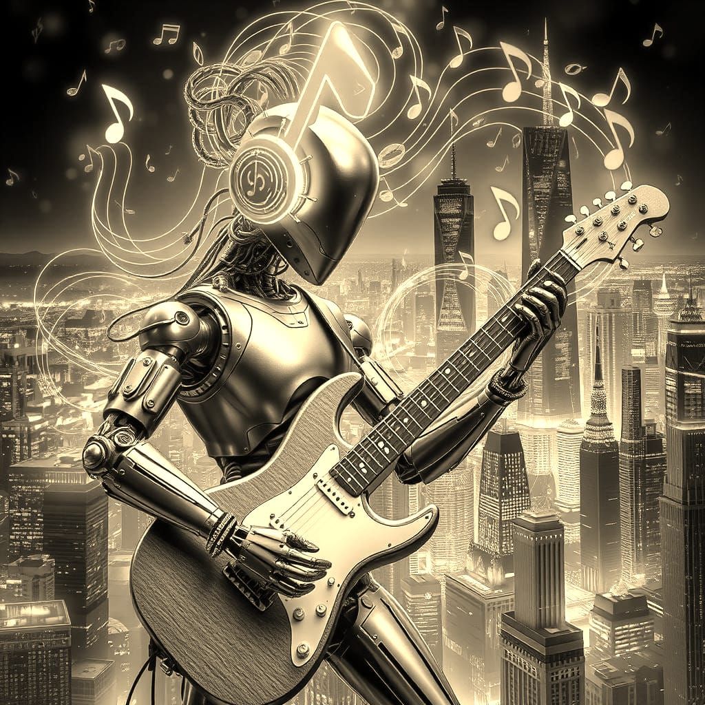 Biopunk Robot Plays Guitar in Musical City