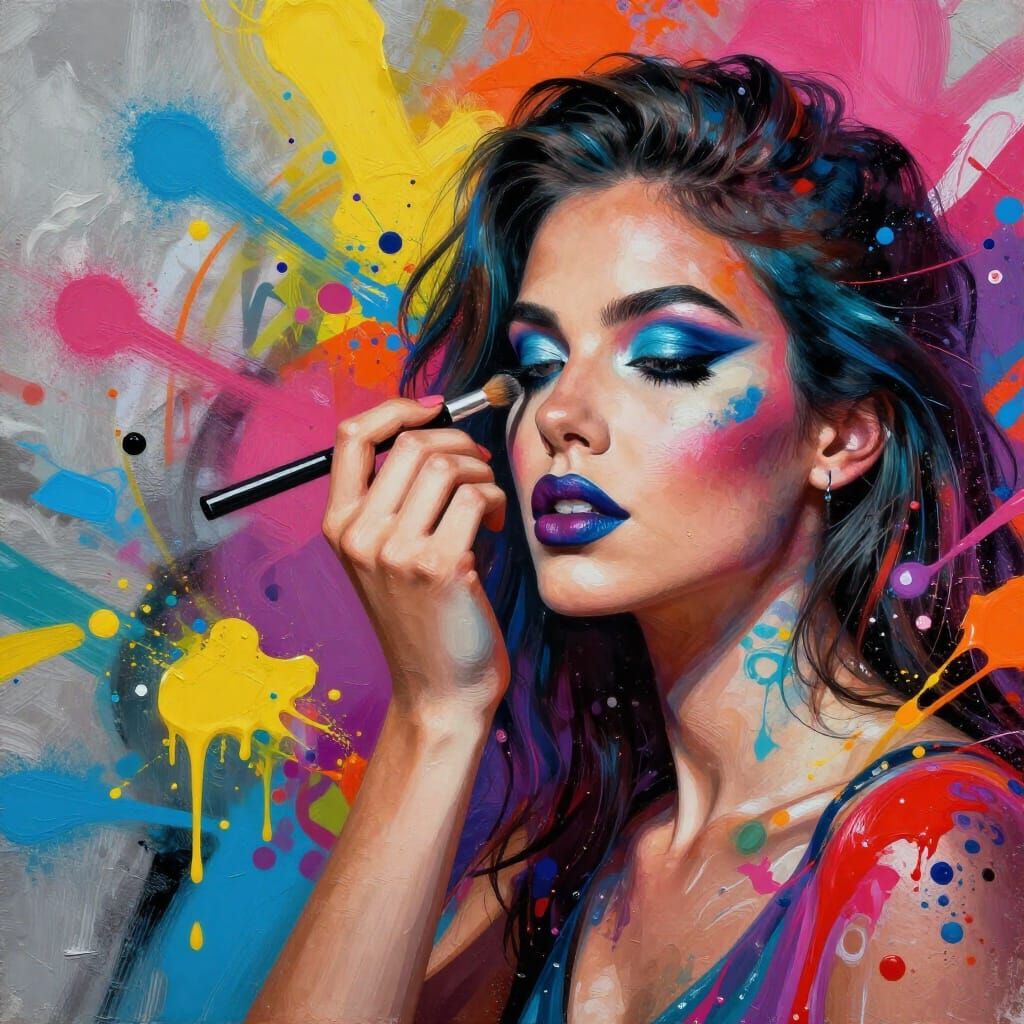 Woman Applying Makeup in Vibrant Graffiti Style