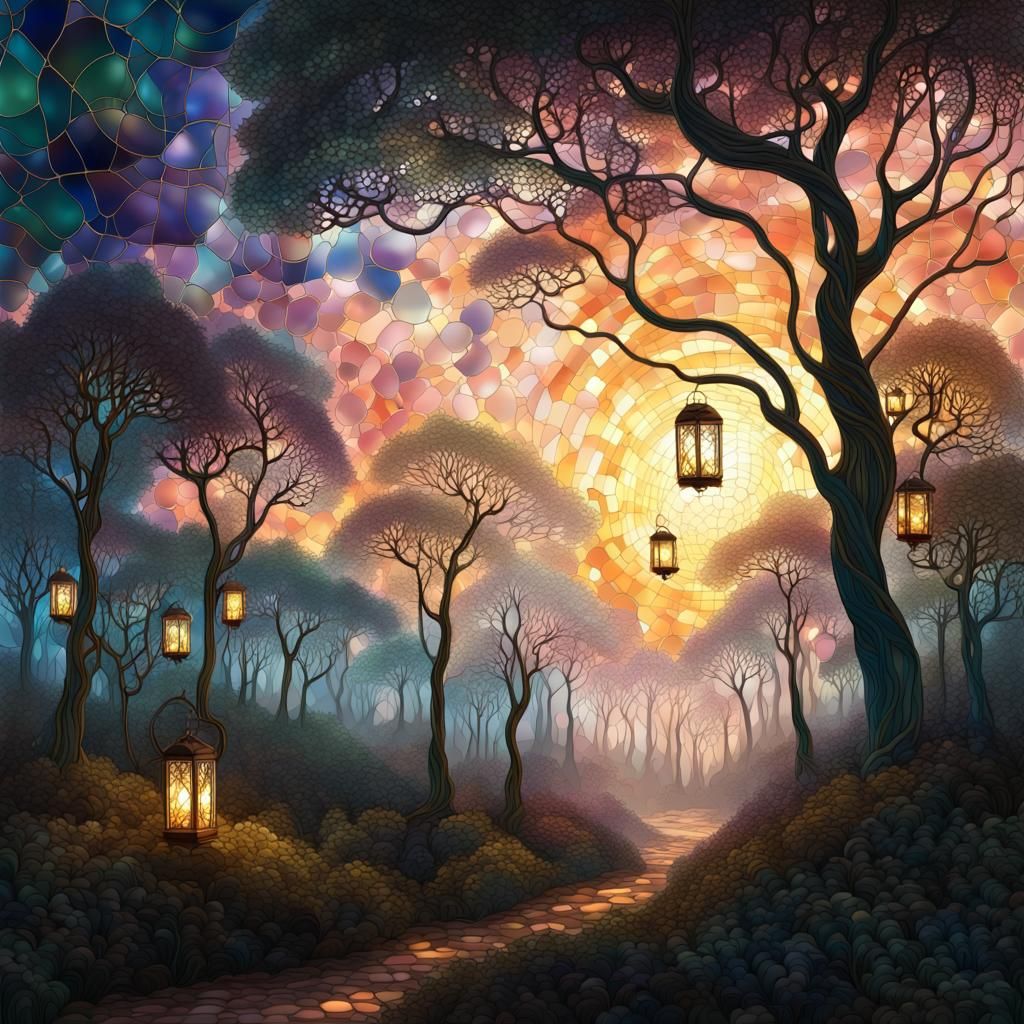 Tiffany Stained Glass Forest with Lanterns at Dawn