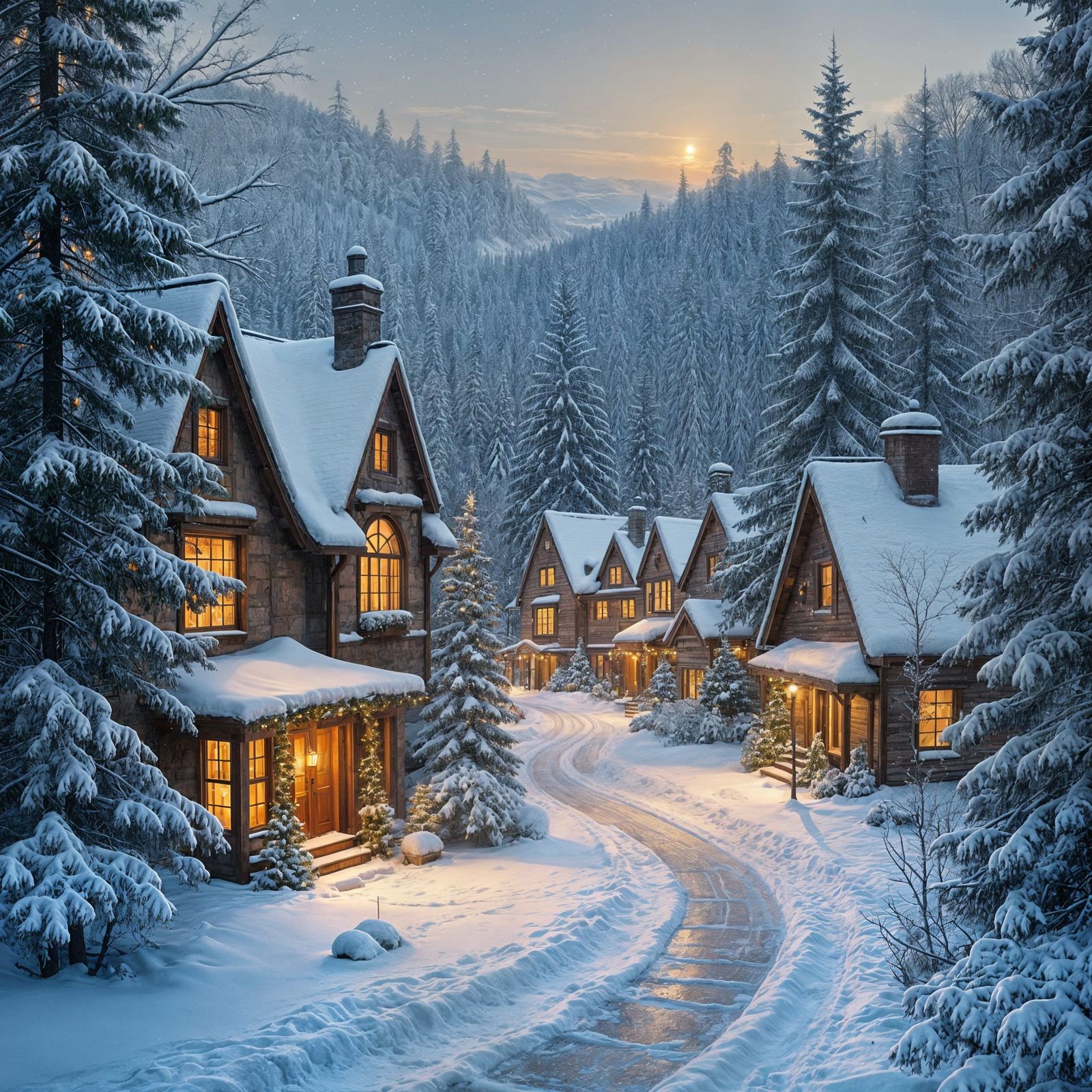 Winter Wonderland Village Scene in Whimsical Art Style