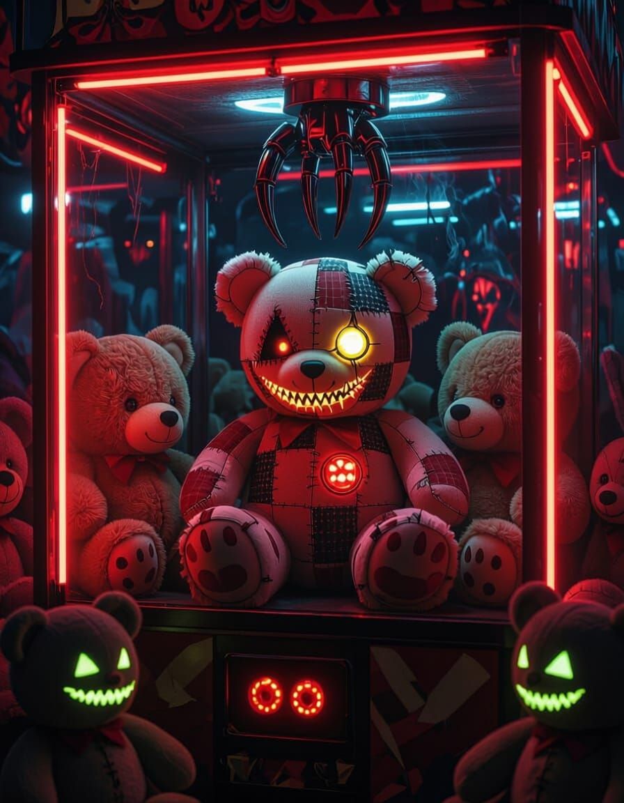 Sinister Carnival Claw Machine with Creepy Teddy Bears