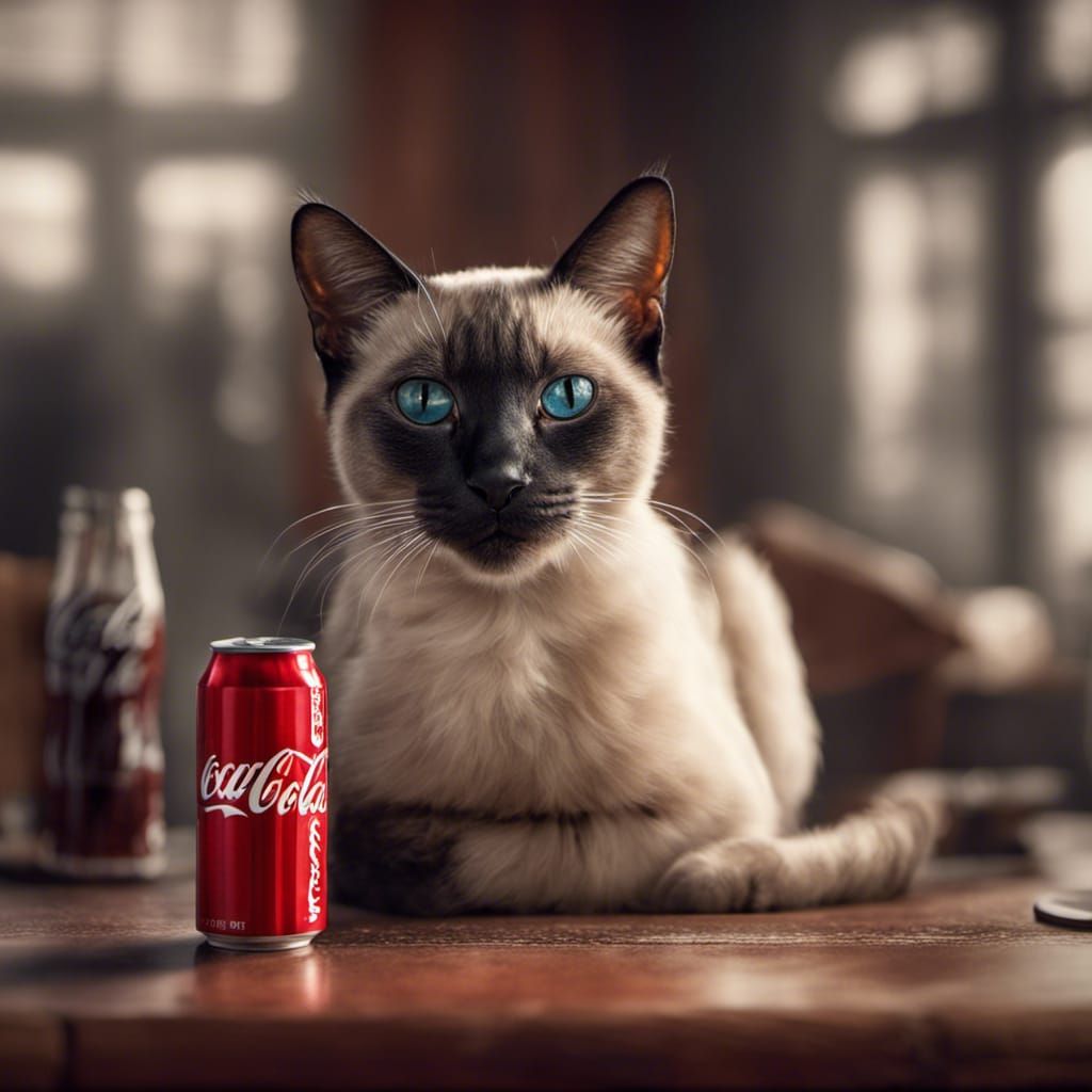Siamese Cat with Coca-Cola Logo: Hyperrealistic Image