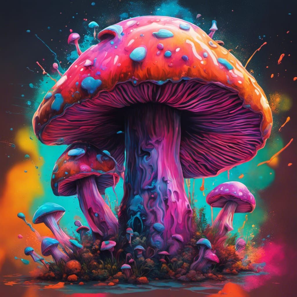 Neon Magic Mushrooms in Hyperrealistic Graffiti Art
