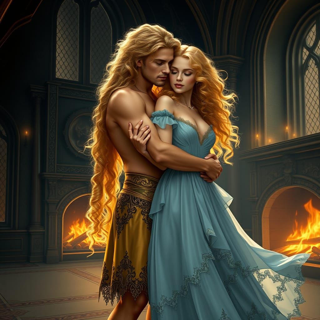 Fiery Blond Man Embraces Golden-Haired Woman in Grand Castle