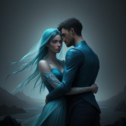 Couple Embracing in Ethereal Blue Tones