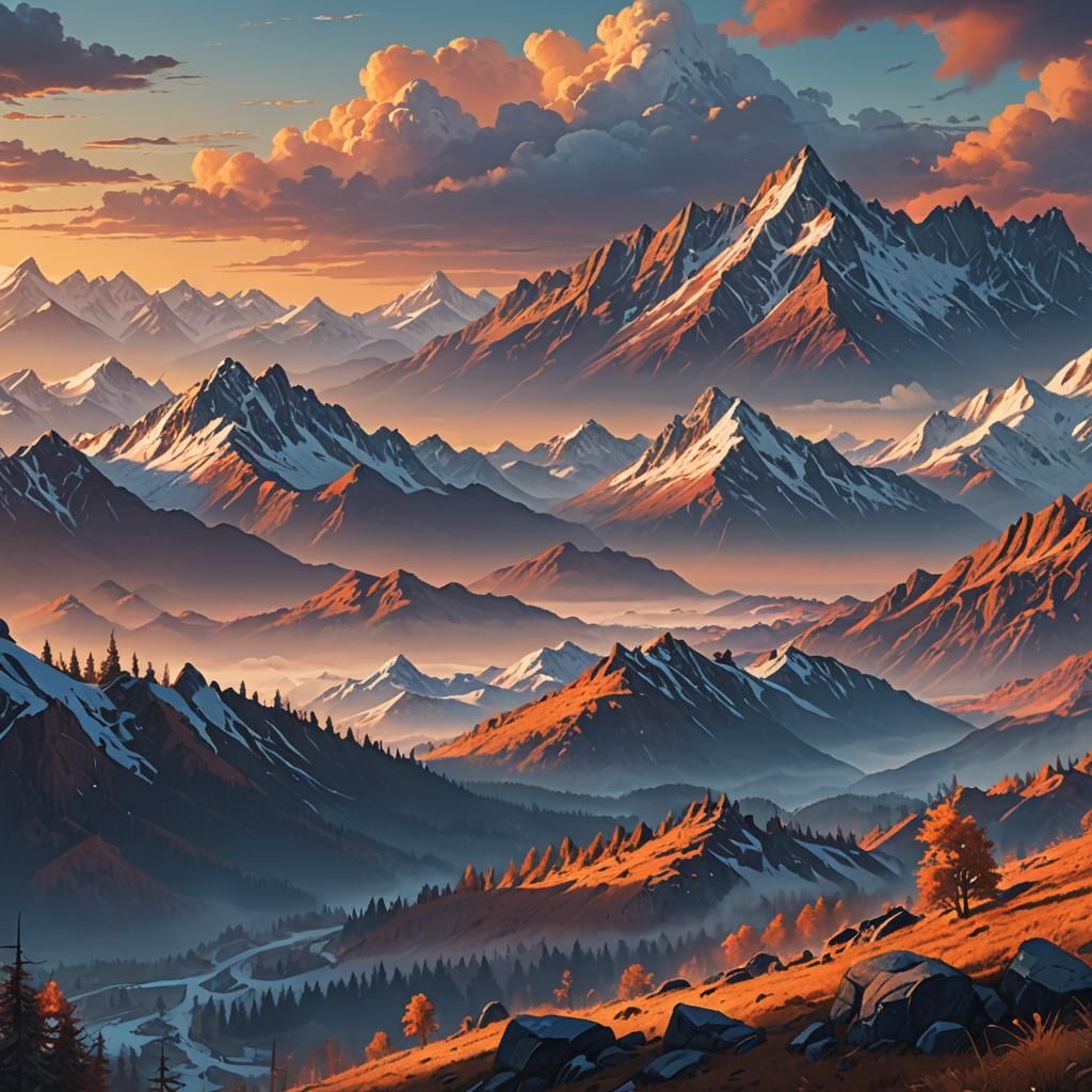 Majestic Mountain Range at Sunset: Fantasy Landscape