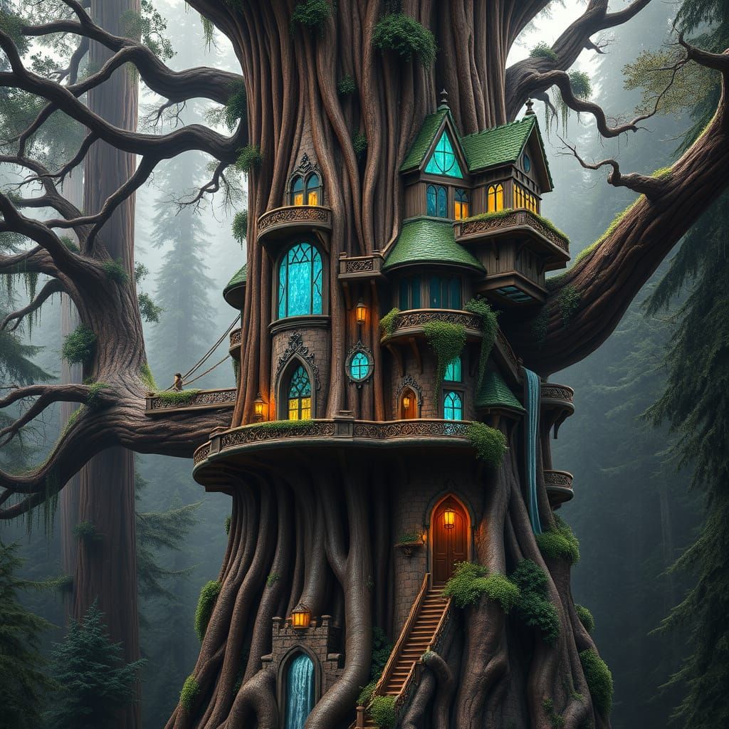 Majestic Castle Grows from Ancient Redwood Trunk in a Cyberp...