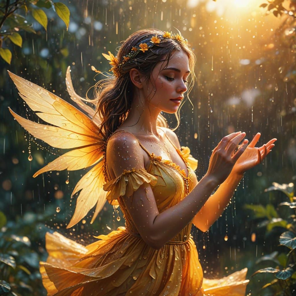 Dancing Fairy in Summer Rain, Watercolor Style